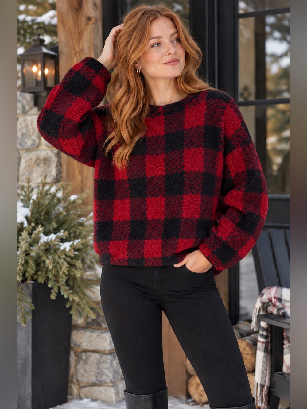 SKIMS Buffalo Plaid Sherpa Fleece Oversized Pullover Red Black S/M